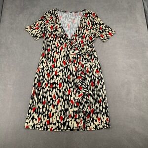 AA Studio AA Womens 14W Abstract Print Faux Wrap Dress Black Red Ruffle Ring